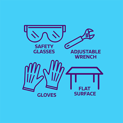 Safety glasses, adjustable wrench, gloves, flat surface