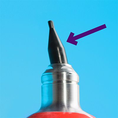 Mini Helium Tank with arrow pointing left and down towards nozzle